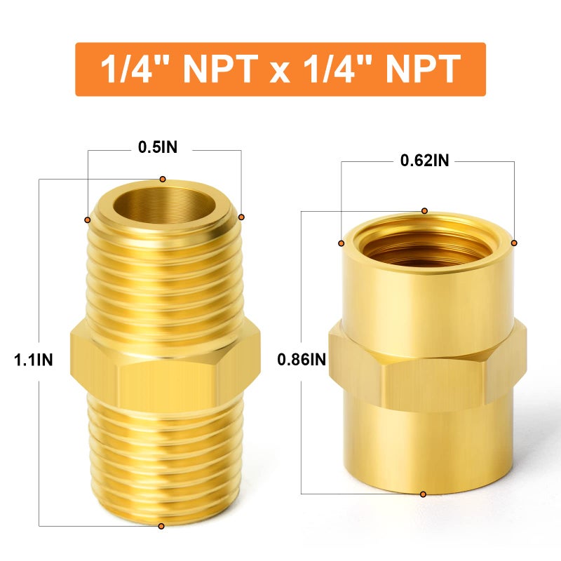 GASHER 12PCS Metals Brass Pipe Fitting, Hex Nipple Brass Hex Coupler, 1/4" x 1/4" NPT Male Thread Pipe, 1/4Inch x 1/4Inch NPT Female Thread Pipe - Image 2